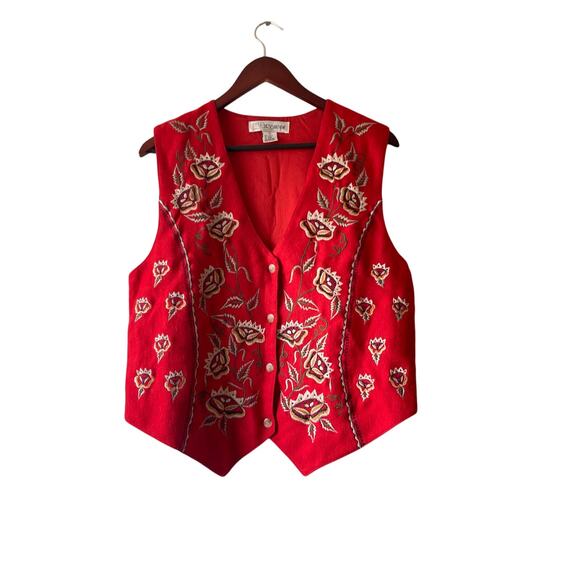 Vintage 90s red wool vest with full front embroidery size large - Picture 1 of 6
